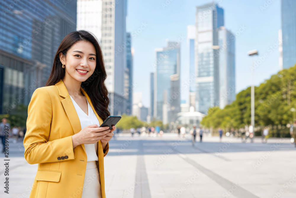 Fototapeta premium asian businesswoman in yellow blazer holding smartphone smiling in modern city financial district