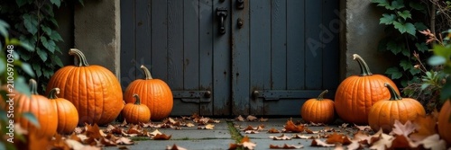 Spooky orange pumpkins flank weathered gate, autumn leaves scattered , pumpkins, texture
