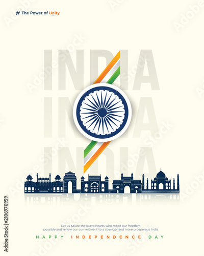 Modern 15 August Independence Day poster featuring a bold Ashoka Chakra, vertical tricolor stripe, and a silhouette skyline of iconic Indian monuments. A clean and minimal patriotic design celebrating
