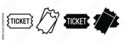 Ticket icons illustrating admission, entertainment, and event access symbols in outline and solid styles with clean minimalist vector graphics for festivals, theaters, cinemas, online booking, and pro