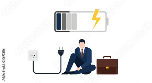 Exhausted Businessman Charging Battery Concept