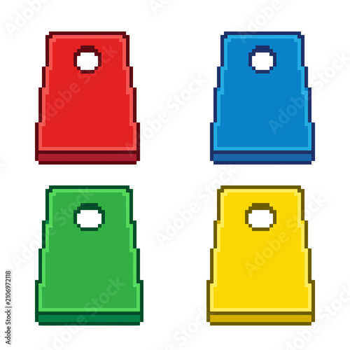 Colorful cornhole boards in pixel art style for outdoor games