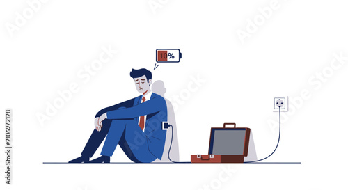 Exhausted Businessman Charging Energy Battery Concept