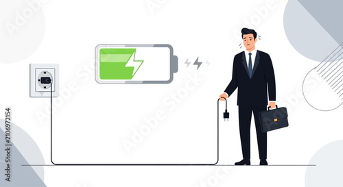 Exhausted Businessman Holding Charging Cable Concept
