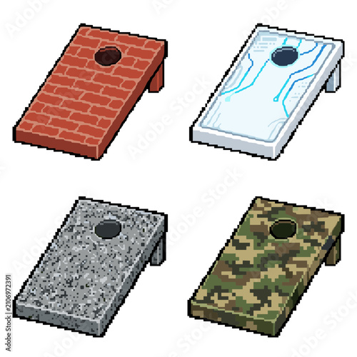 Cornhole boards set with brick circuit stone and camouflage patterns