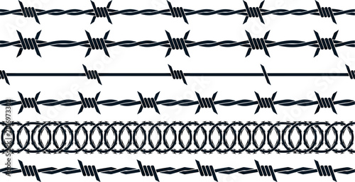 Seamless Barbed Wire Silhouette Vector Set Featuring Razor Wire Patterns, Prison Fencing Borders, and Security Barrier Graphic Elements for Military and High Protection Boundary Designs