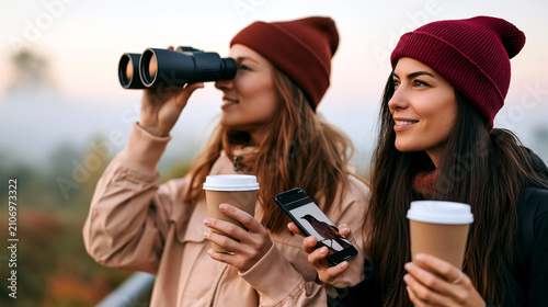 Two women birdwatching with binoculars and smartphone bird identification app outdoors. Friends enjoying eco-tourism nature reserve experience with coffee, sustainable travel and wildlife observation.