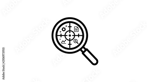 A conceptual icon featuring a magnifying glass focused on a target symbol containing business analytics and data research elements for professional strategic planning