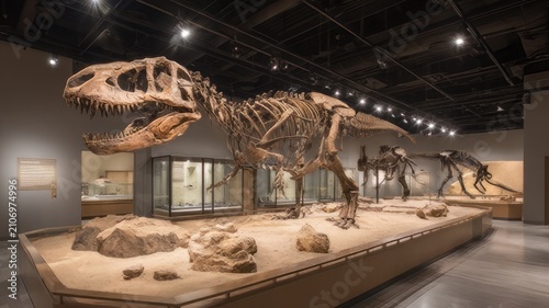 Tyrannosaurus Rex dinosaur skeleton in natural history museum, prehistoric fossil exhibit with T-Rex bones, ancient paleontology gallery display