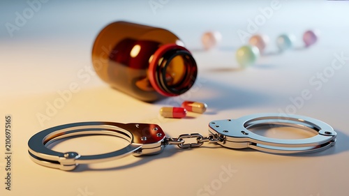 Prescription drug abuse concept with handcuffs and spilled medicine capsules