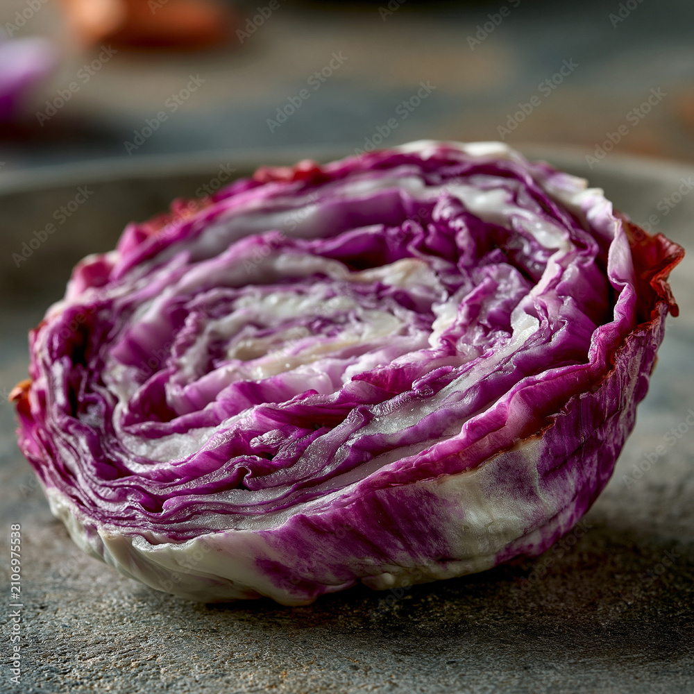 Obraz premium Cross section of a fresh red cabbage head on a textured stone surface with still life