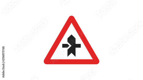 Staggered junction ahead road warning traffic sign on white background