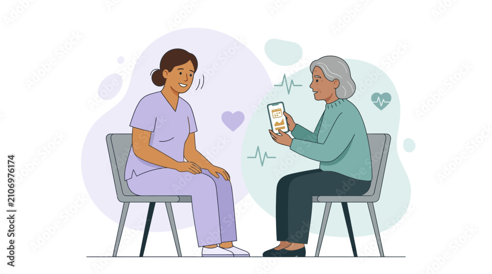 Fototapeta premium Nurse and elderly patient interacting with smartphone app for health monitoring and consultation