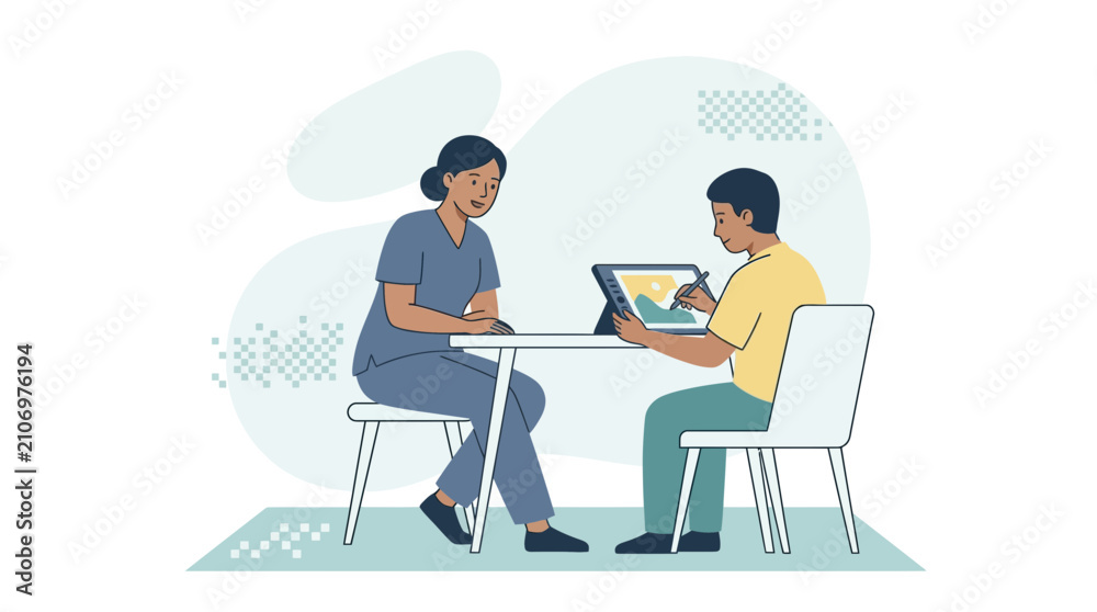 Fototapeta premium Nurse and patient collaborate using digital tablet, promoting healthcare communication and patient engagement.