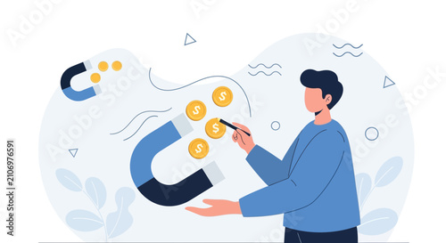Man Attracting Money with Magnet Illustration - Business Growth Concept