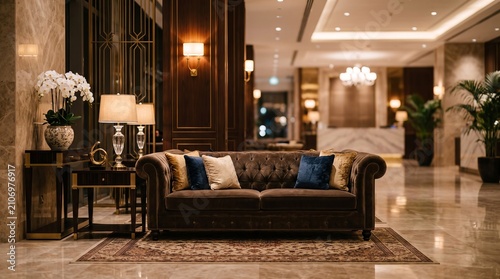Luxurious hotel lobby interior with elegant bokeh lighting, premium hospitality setting, ideal design mockup backdrop