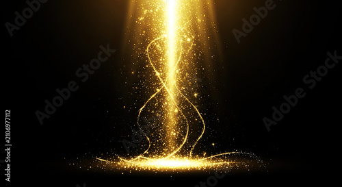 A radiant golden light stream descends from above, creating a swirling, luminous effect. The light forms a stylized 'S' shape and is surrounded by shimmering golden particles.