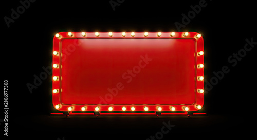 A bright red, illuminated makeup mirror glows against a stark black background. The mirror has a decorative, vintage-style frame with numerous small, warm-toned bulbs outlining its edges.