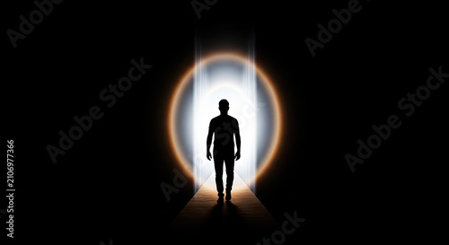 A solitary figure walks into a glowing portal. The person stands on a wooden walkway, illuminated by a bright, circular light emanating from the opening.