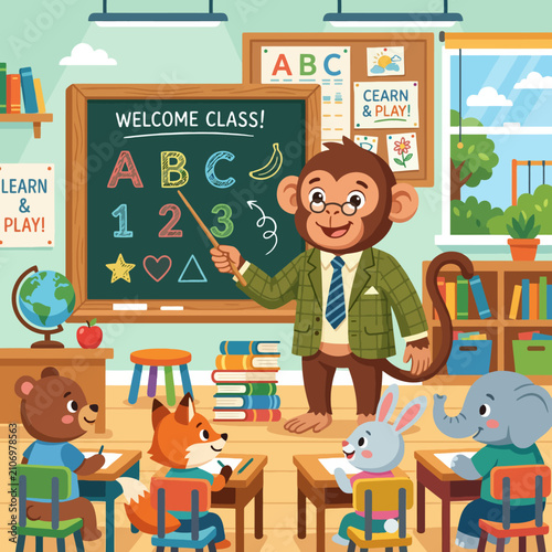 Canvas Print A cartoon monkey teacher instructs animal students in a classroom