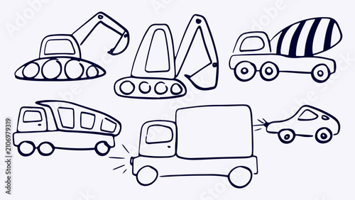 A set of simple doodles featuring various construction and automotive vehicles.