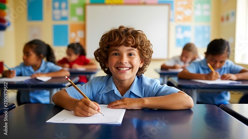 Smiling schoolboy writing in classroom during education lesson