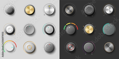 Collection of metallic control knobs on light and dark backgrounds