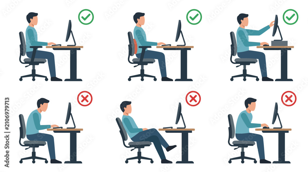 Fotografie Correct and incorrect sitting posture ergonomics for office workers