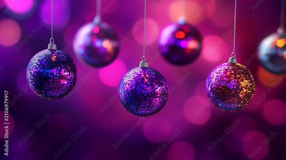 Obraz premium hanging purple Christmas ornaments with pink bokeh background