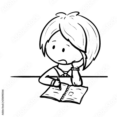 Student struggling on homework and looking up cartoon outline illustration
