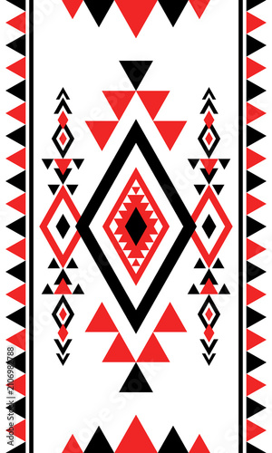 Seamless red, black and white tribal geometric pattern featuring traditional Native American inspired diamonds, triangles, ornamental motifs and ethnic border design, flat vector textile background.