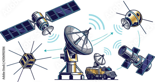 Foto Satellite Communication and Space Technology Vector Illustration Set Featuring R