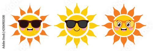 Cute summer sun cartoon character vector set featuring sunglasses, smiling faces, hot weather, and tropical vacation concepts.