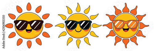 Cute summer sun cartoon character vector set featuring sunglasses, smiling faces, hot weather, and tropical vacation concepts.