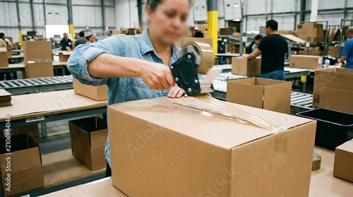 Worker sealing a cardboard shipping box in a busy warehouse factory. Concept for logistics, shipping, and e-commerce.