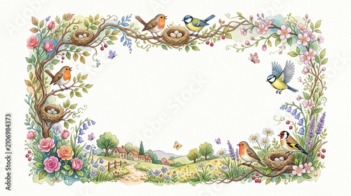 Watercolor Spring Garden Frame with Birds and Flowers Background