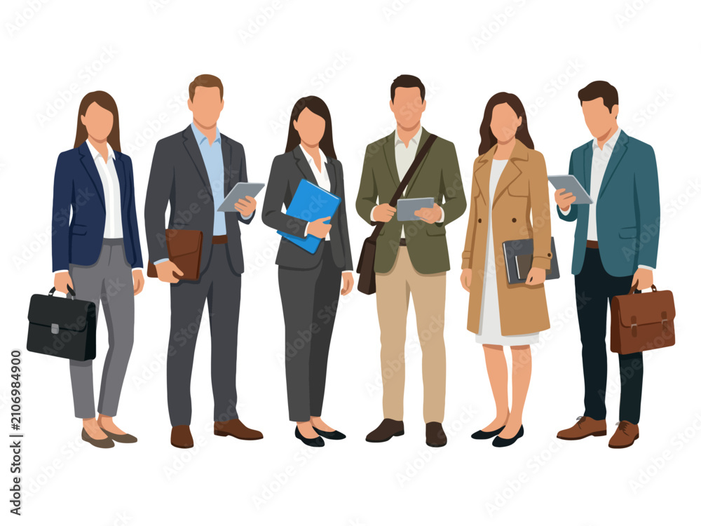 Obraz premium Diverse Business Team Holding Tablets and Folders on White Background