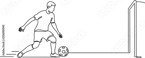 Schilderij op canvas Continuous one line drawing side view of male football defender controlling and dribbling ball to defence his goal area