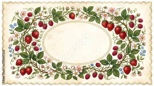 Vintage botanical frame with strawberries raspberries and summer garden flowers