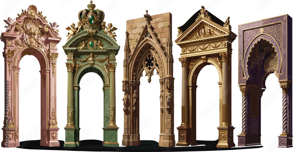 Fototapeta premium Ornate Historical Architectural Archway Set with Baroque Gothic and Moroccan Style Pillars for Luxury Wedding Invitations and Elegant Graphic Background Designs