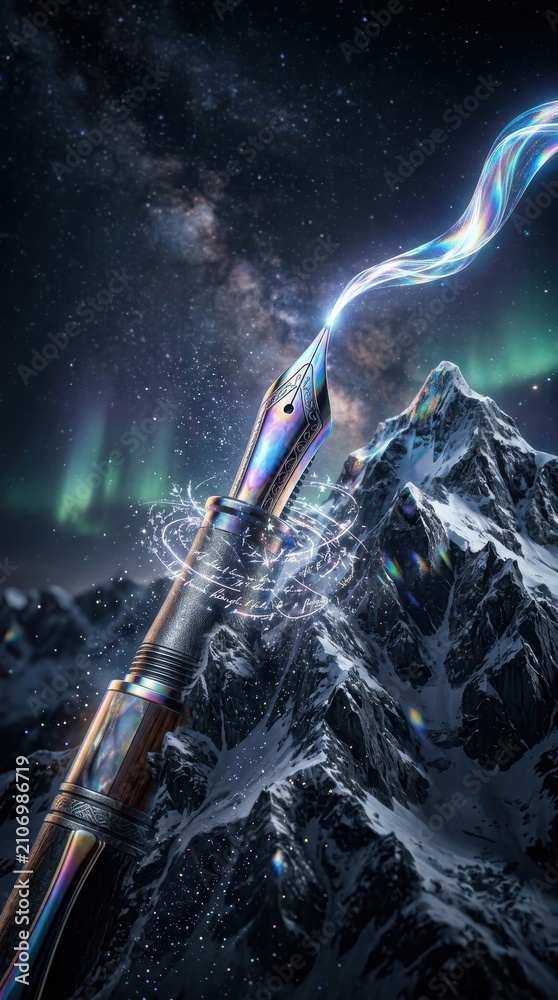 Naklejka premium Fountain pen writing magic over mountain landscape at night