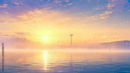 黄金色の夕焼けと霧に包まれた幻想的な水上スタジアム、アニメ調の風景背景イラスト