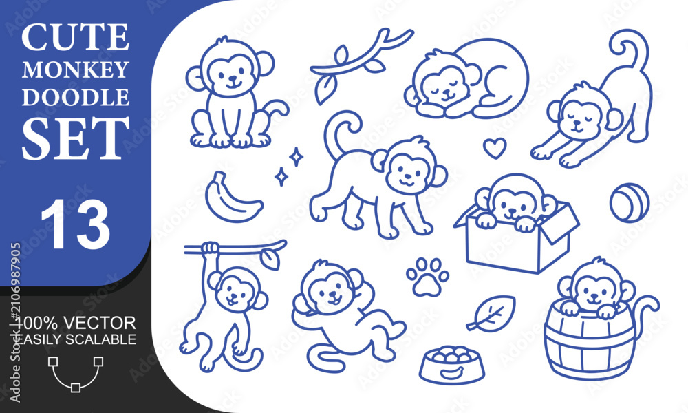 Obraz premium Cute monkey doodle set 13, hand drawn animals, baby jungle characters in different poses for kids design.