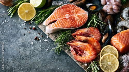 A vibrant display of fresh seafood on a wooden board, showcasing salmon, shrimp, and assorted shellfish, garnished with lemon slices and green herbs, ideal for culinary inspiration