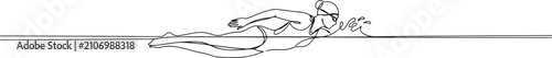 Single continuous line drawing beauty female athlete swimming in breaststroke style in pool lane, stroking, immersing, and lifting out of water to breathe.one line icon drawing