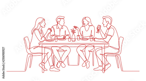 Minimalist red continuous line drawing of four friends sitting at a dining table talking and drinking wine, Represents social gathering and illustrating dinner party concept