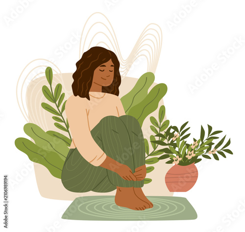 Grounding mat mindfulness practice woman sitting barefoot surrounded by green plants calm peaceful atmosphere abstract background self care