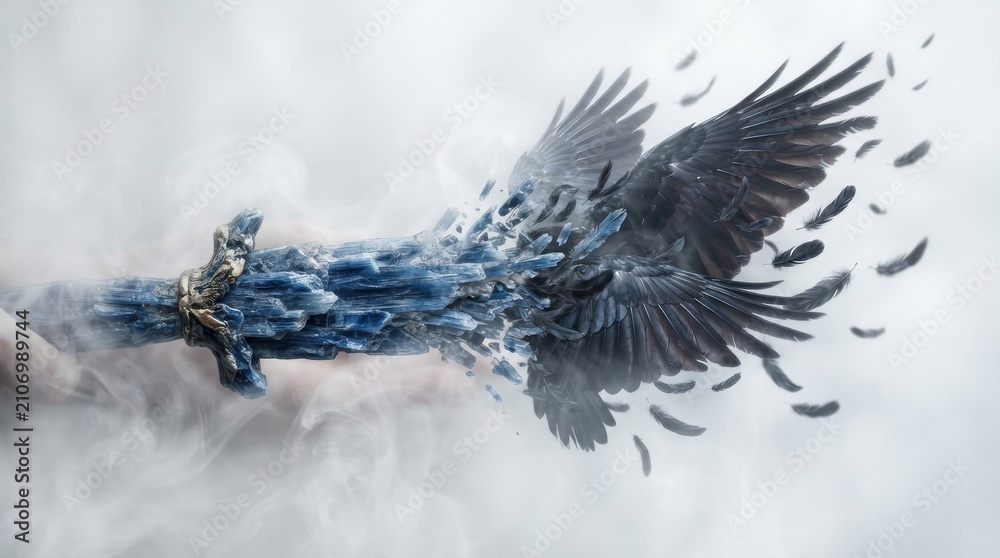 Obraz premium Fantasy sword made of blue crystals transforming into a raven