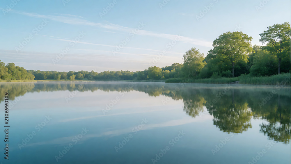 Fototapeta premium Calm Lake with Tree Reflections Under Blue Sky, Peaceful Nature Landscape Background