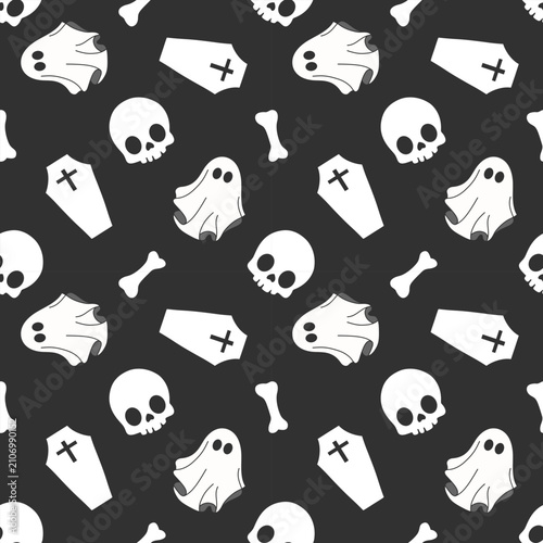 Bold black seamless Halloween pattern featuring white ghosts, skulls, bones and tombstones. Perfect for spooky fabric, wallpaper, wrapping paper, textiles and seasonal designs.